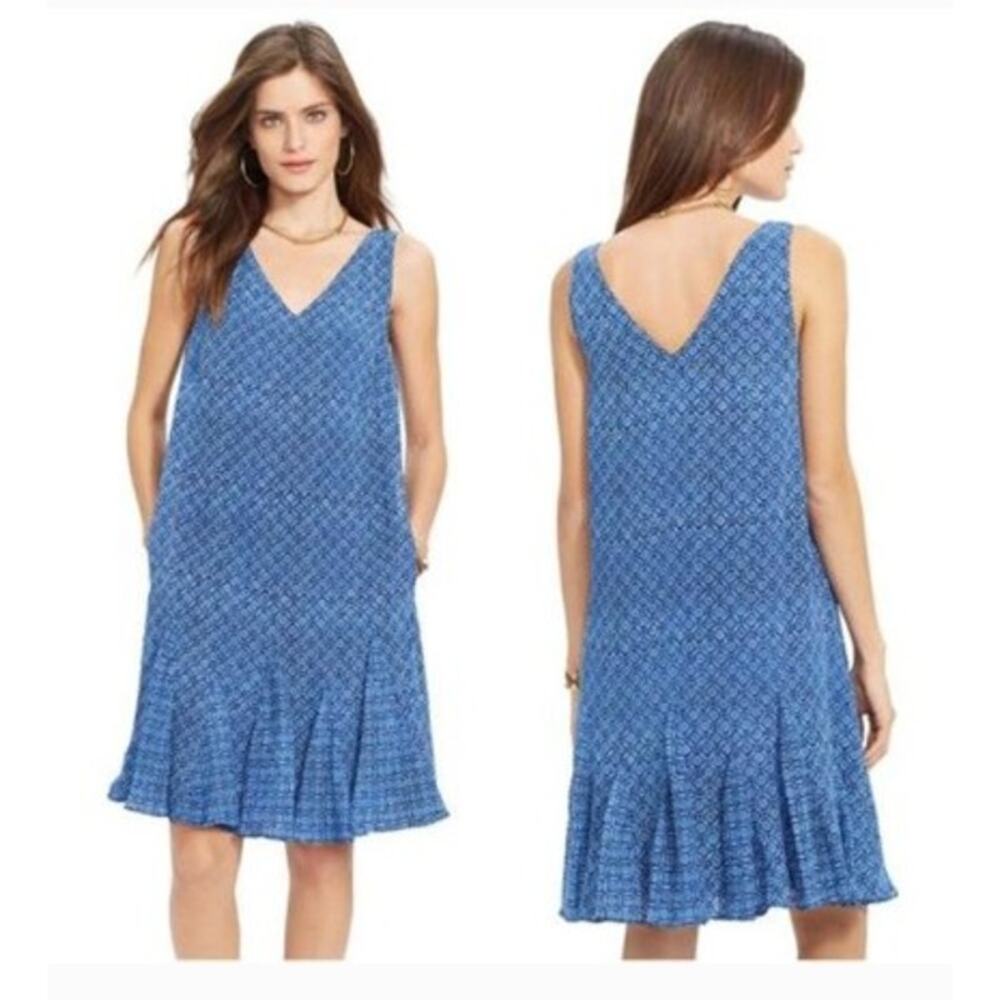 Lauren Ralph Lauren Geo Print Indigo Sky V-neck Dress sz 14 boho coastal
